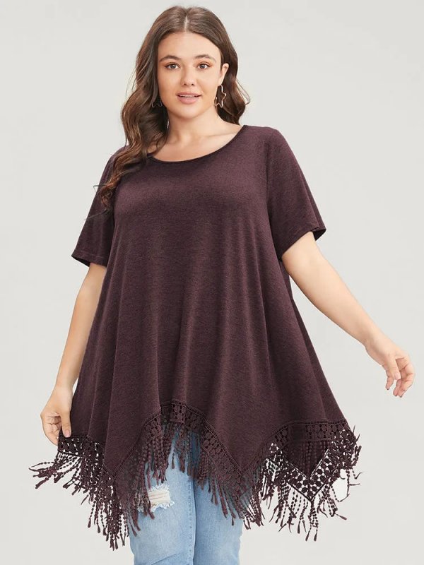 Solid Round Neck Lace Fringe Hem T-shirt