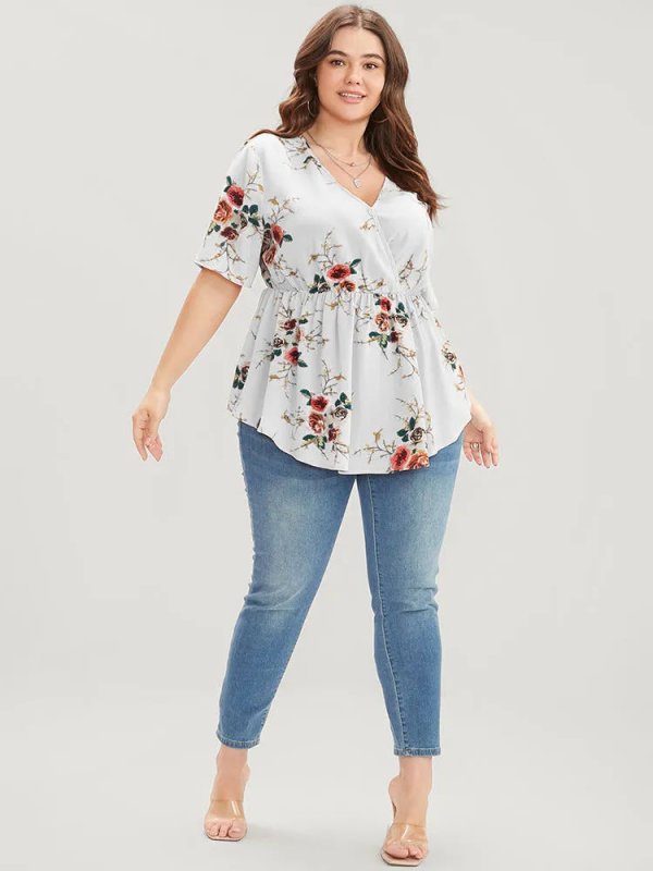 Floral Print Wrap Ruffles Asymmetrical Hem Blouse