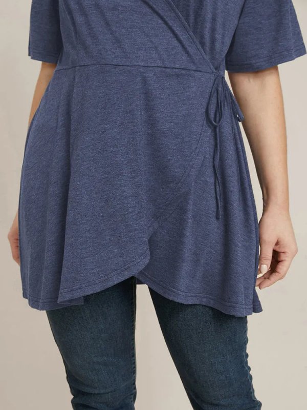 Solid Button V Neck Ruffles Blouse