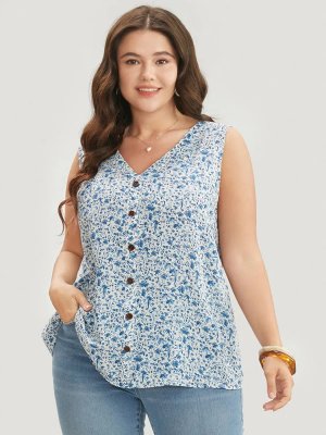 Ditsy Floral Sleeveless Button Detail Tank Top