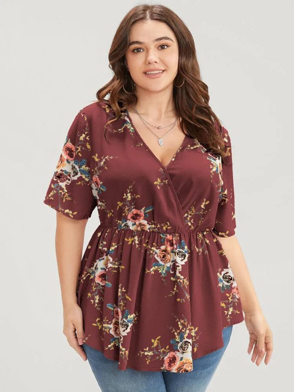 Floral Print Wrap Ruffles Asymmetrical Hem Blouse