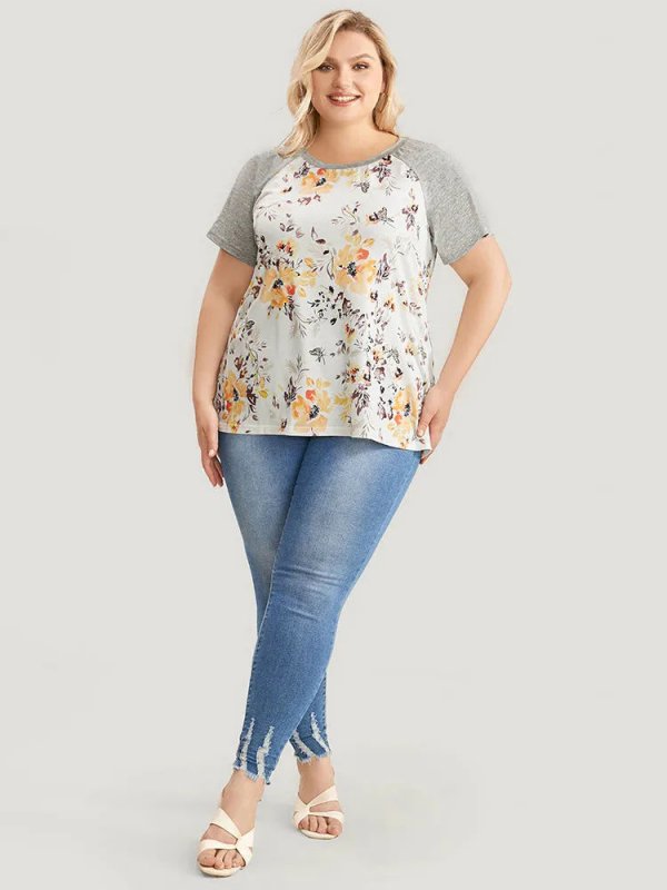Floral & Butterfly Print Raglan Sleeve  T-shirt