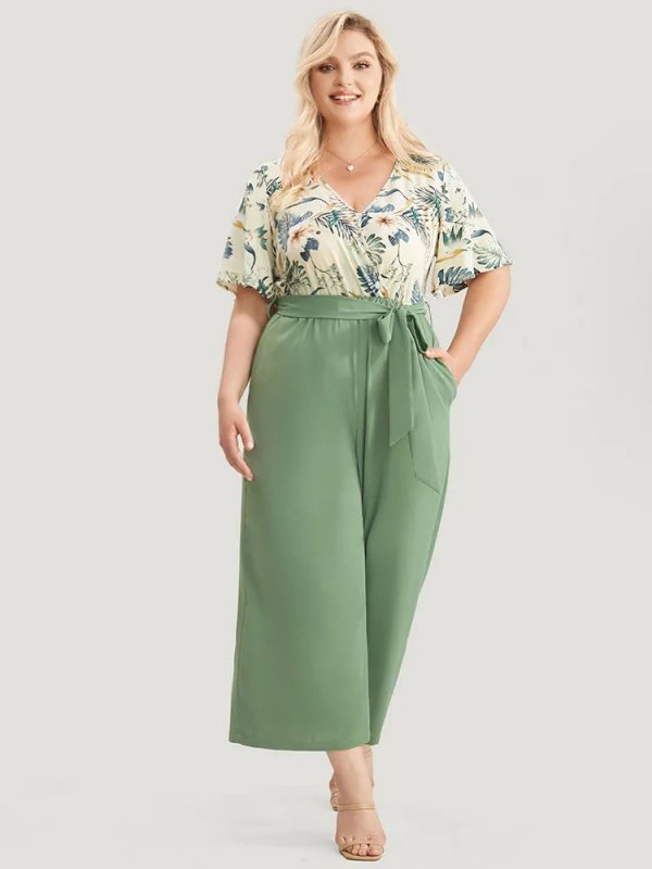 Floral Patchwork Wrap Belted Pocket Jumpsuit