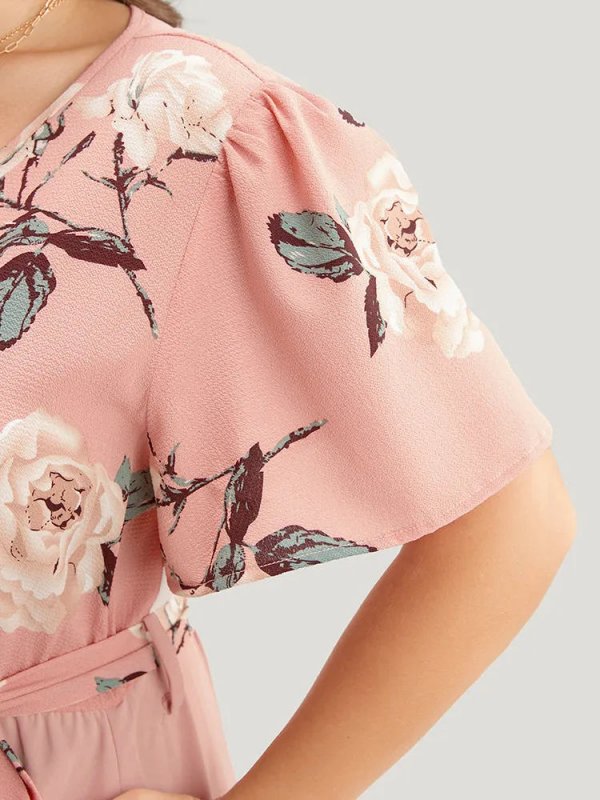 Floral Printed Pocket Ruffles Surplice Neck Belted Midi Dress