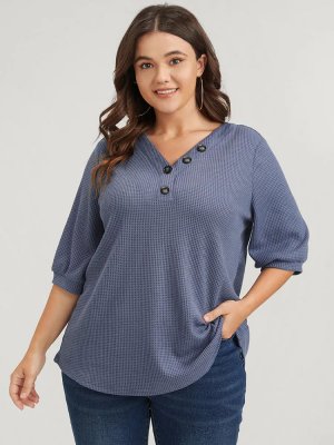 Plain Button V Neck Waffle Knit Tee