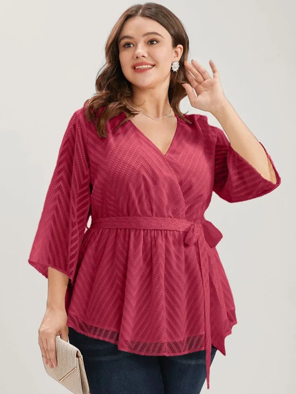 Plain Geometric Mesh Surplice Neck Belted Ruffles Blouse