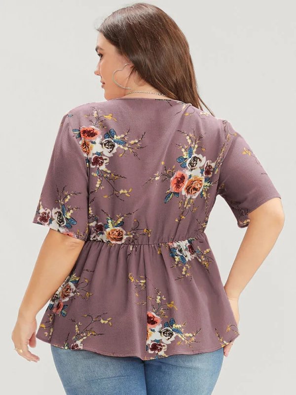 Floral Print Wrap Ruffles Asymmetrical Hem Blouse