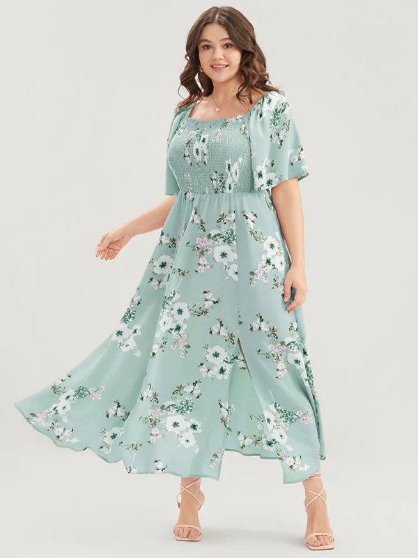 Floral Square Neck Ruffles Pocket Shirred Split Dress
