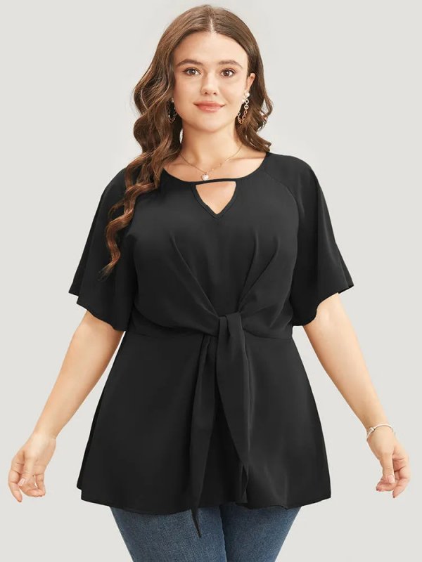 Plain Keyhole Knotted Front Ruffle Sleeve Blouse