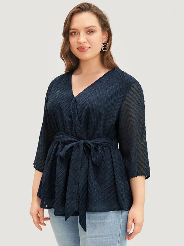 Plain Geometric Mesh Surplice Neck Belted Ruffles Blouse