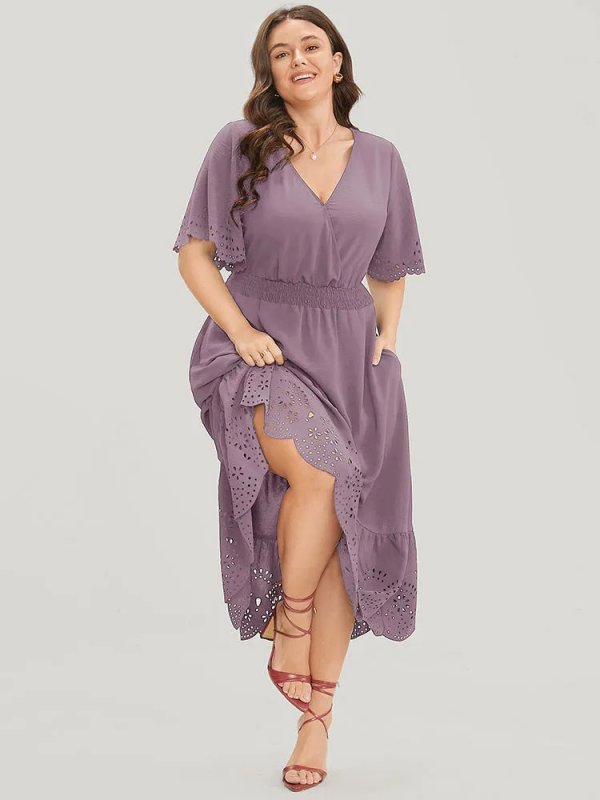 Solid Laser Cut Shirred Pocket Wrap Scalloped Trim Flutter Dress