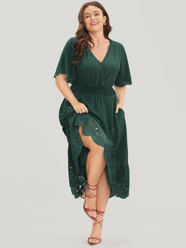 Solid Laser Cut Shirred Pocket Wrap Scalloped Trim Flutter Dress