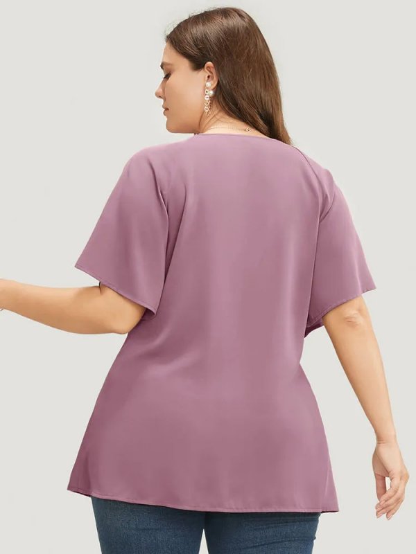 Plain Keyhole Knotted Front Ruffle Sleeve Blouse