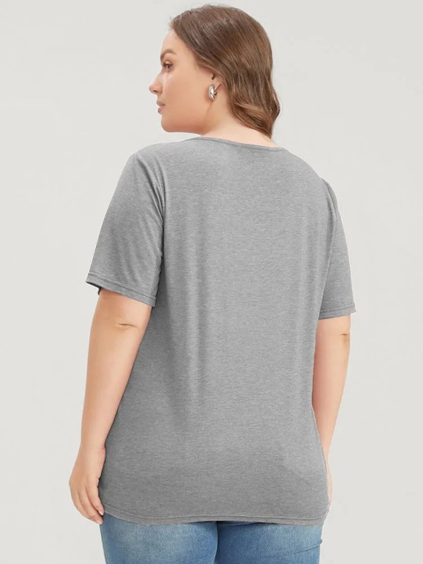 Solid Pleated Front Button Detail V Neck T-shirt