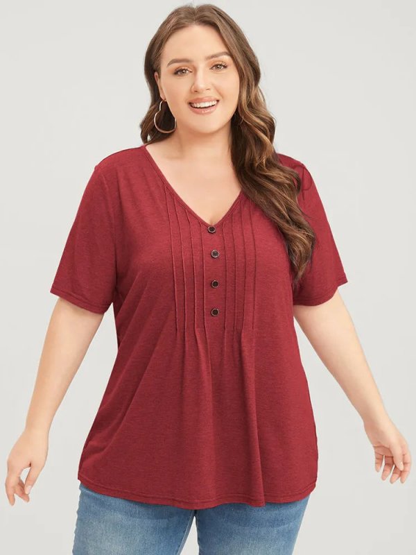 Solid Pleated Front Button Detail V Neck T-shirt