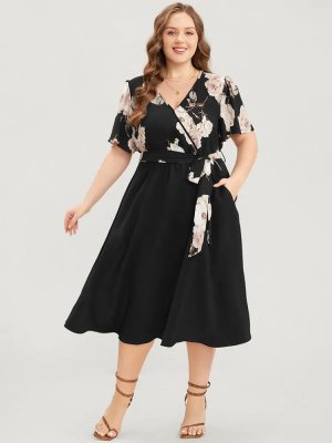 Floral Printed Pocket Ruffles Surplice Neck Belted Midi Dress