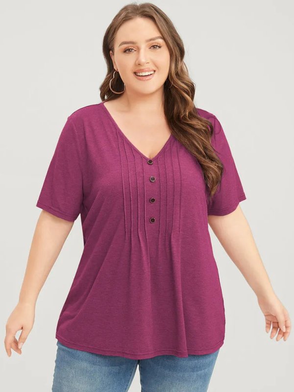 Solid Pleated Front Button Detail V Neck T-shirt