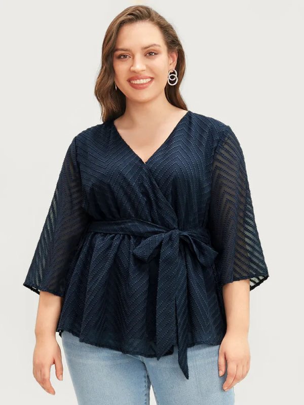 Plain Geometric Mesh Surplice Neck Belted Ruffles Blouse