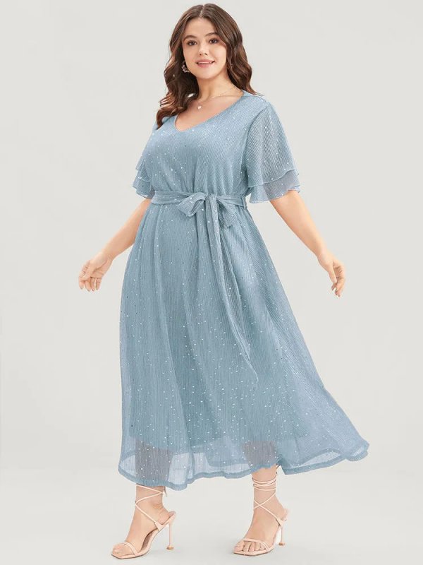 Plain V Neck Mesh Pocket Ruffle Tiered Belted Midi Dress