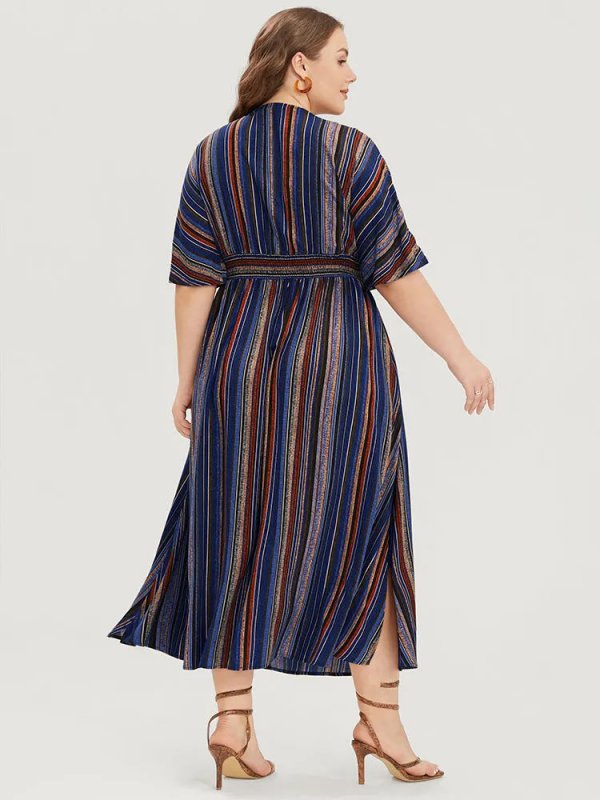 Striped Contrast Dolman Sleeve Shirred Pocket Split Flutter Dress