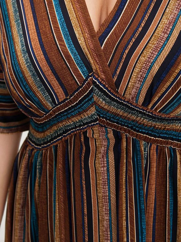 Striped Contrast Dolman Sleeve Shirred Pocket Split Flutter Dress