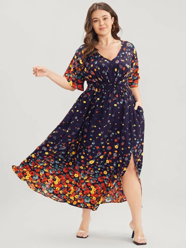 Floral Printed Pocket V Neck Shirred Split Hem Dress