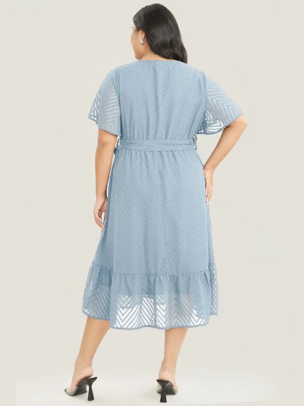 Plain Geometric Pocket Mesh Ruffle Sleeve Belted Wrap Dress