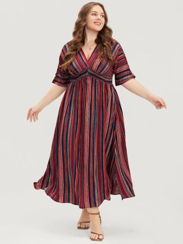 Striped Contrast Dolman Sleeve Shirred Pocket Split Flutter Dress