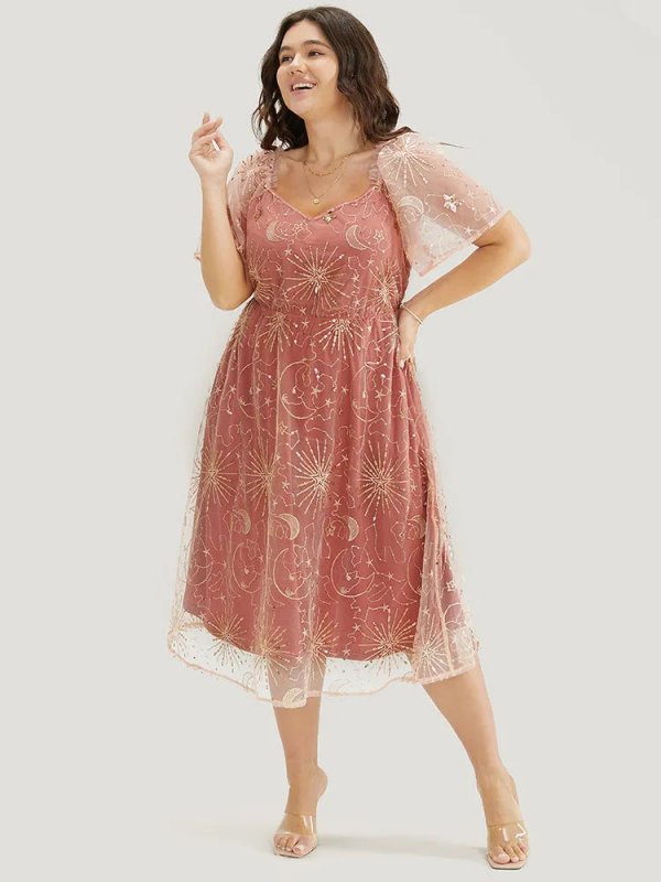 Moon And Star Sequin Detail Pocket Mesh Midi Dress