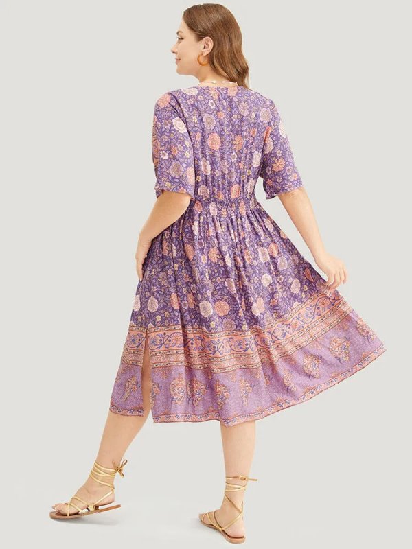 Floral Dolman Sleeve Ruffles Shirred Split Hem Dress