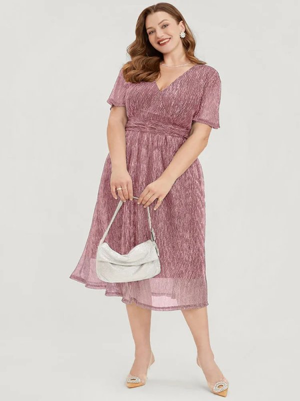 Glitter Mesh Surplice Neck Ruffle Sleeve Pocket Midi Dress