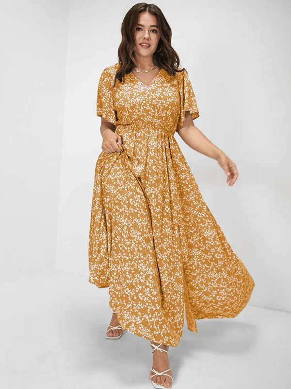 [Hot Sale] Flutter Sleeve Ditsy Floral Pocket Split Maxi Dress