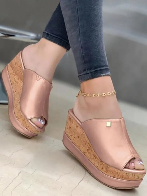 Contrast Paneled Peep Toe Wedge Shoes