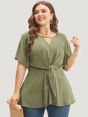 Plain Keyhole Knotted Front Ruffle Sleeve Blouse