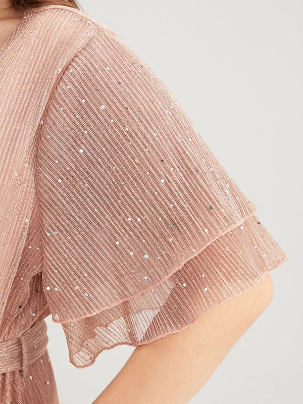 Plain V Neck Mesh Pocket Ruffle Tiered Belted Midi Dress