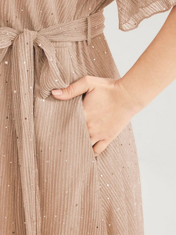 Plain V Neck Mesh Pocket Ruffle Tiered Belted Midi Dress