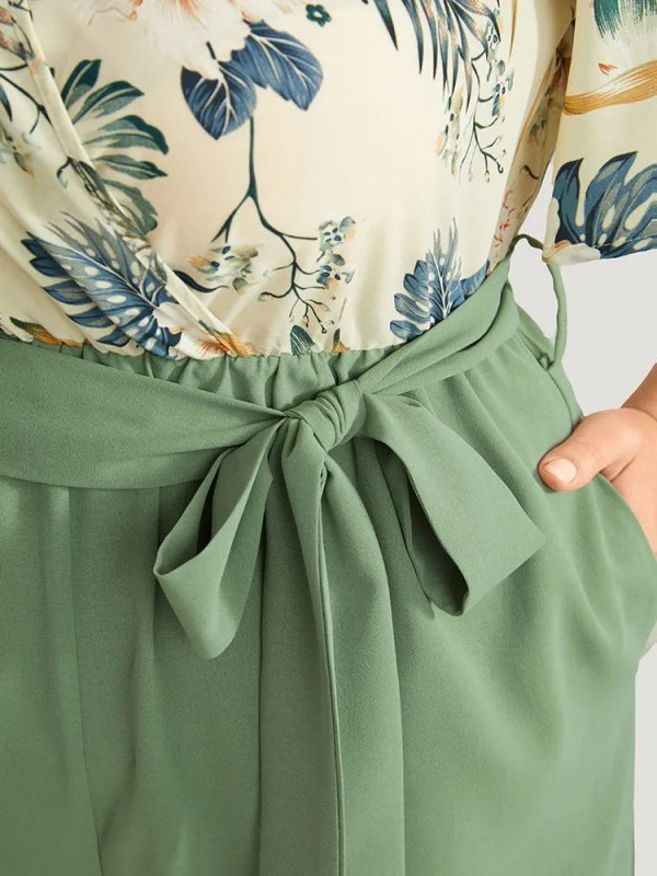 Floral Patchwork Wrap Belted Pocket Jumpsuit