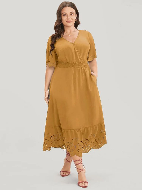 Solid Laser Cut Shirred Pocket Wrap Scalloped Trim Flutter Dress