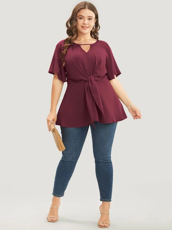 Plain Keyhole Knotted Front Ruffle Sleeve Blouse