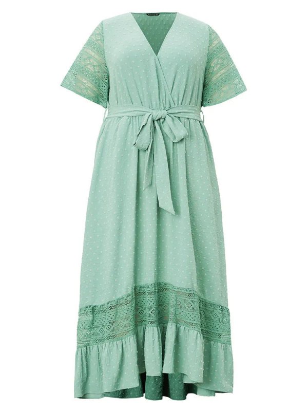 Solid Wrap Pocket Belted Contrast Lace Ruffle Trim Maxi Dress