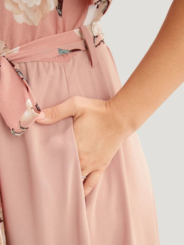 Floral Printed Pocket Ruffles Surplice Neck Belted Midi Dress