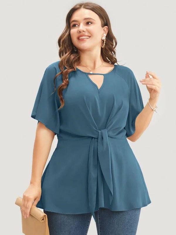 Plain Keyhole Knotted Front Ruffle Sleeve Blouse