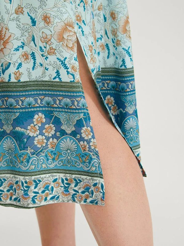 Floral Dolman Sleeve Ruffles Shirred Split Hem Dress