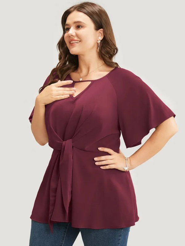 Plain Keyhole Knotted Front Ruffle Sleeve Blouse