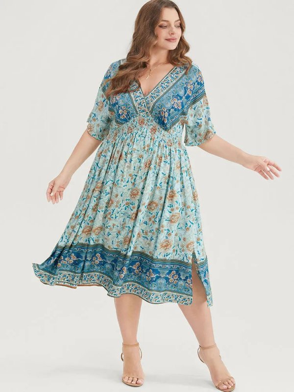 Floral Dolman Sleeve Ruffles Shirred Split Hem Dress