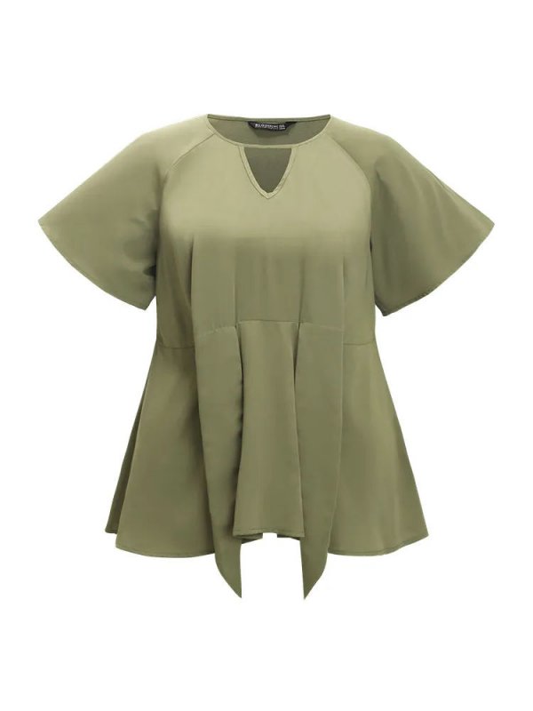 Plain Keyhole Knotted Front Ruffle Sleeve Blouse