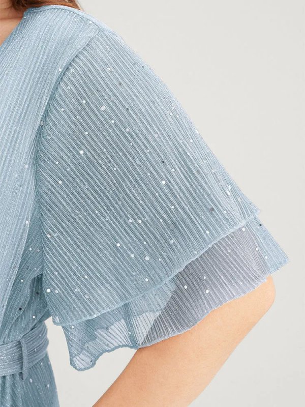 Plain V Neck Mesh Pocket Ruffle Tiered Belted Midi Dress