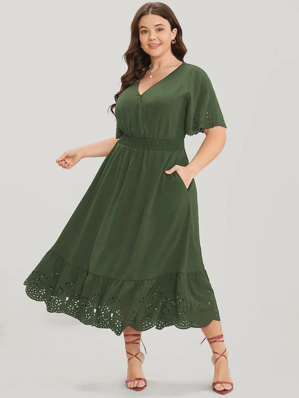 Solid Laser Cut Shirred Pocket Wrap Scalloped Trim Flutter Dress