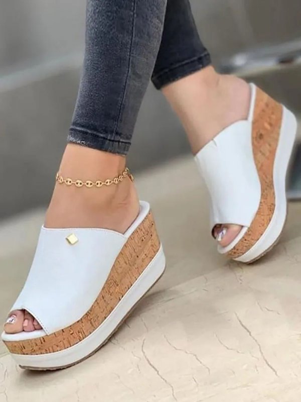 Contrast Paneled Peep Toe Wedge Shoes