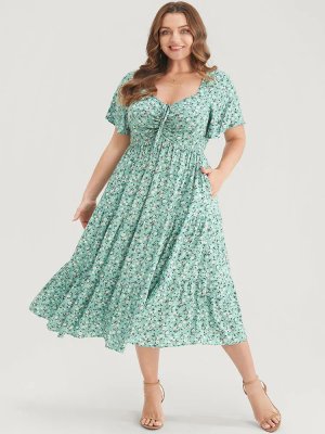 Ditsy Floral Drawstring Ruched Pocket Ruffle Tiered Dress